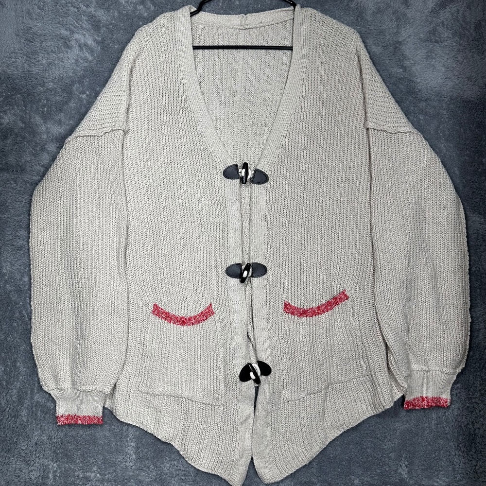 SHEIN Cardigan Womens L Beige Toggle Button Oversized Chunky Knit Split Back